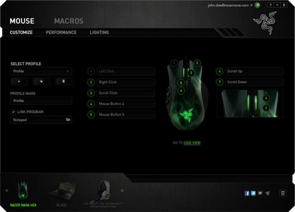 Razer Synapse باستخدام Naga Hex وأزرار مرقمة وبرنامج مرتبط
