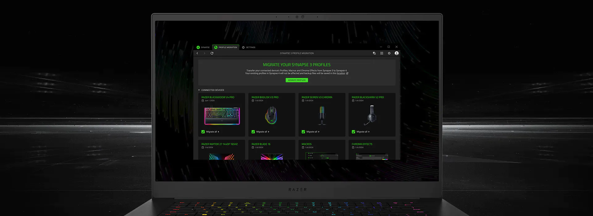 Razer Blade מציג הגירה של פרופילי Synapse 3 כאשר ההגירה מתחילה ב-Synapse 4